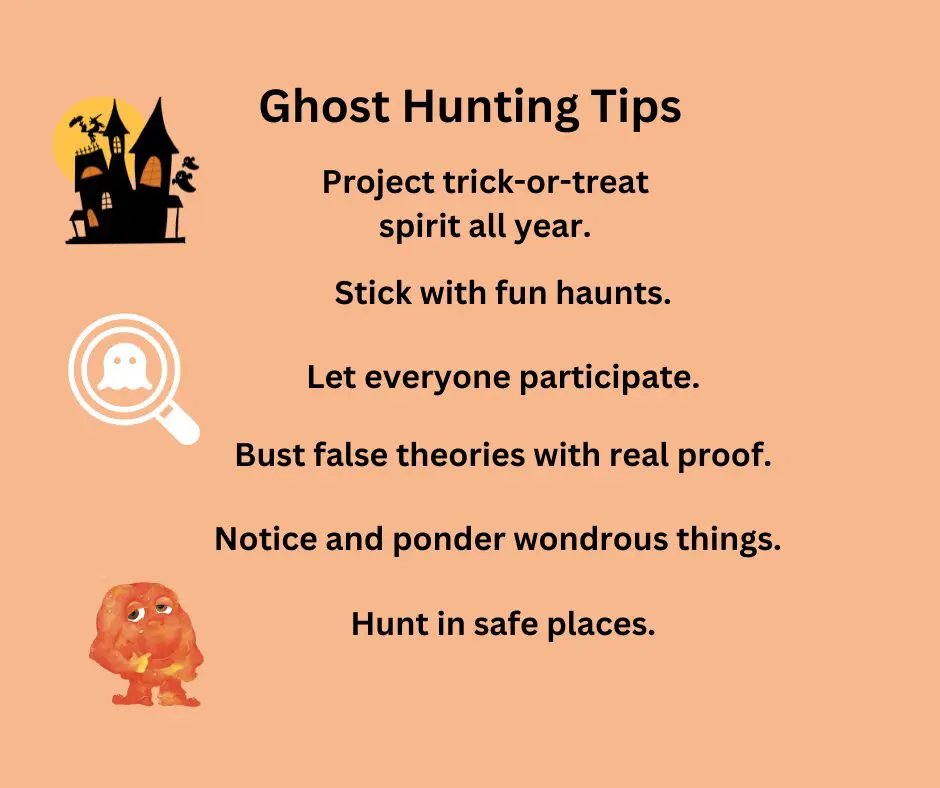 Ghost hunting tips with Halloween-themed icons.